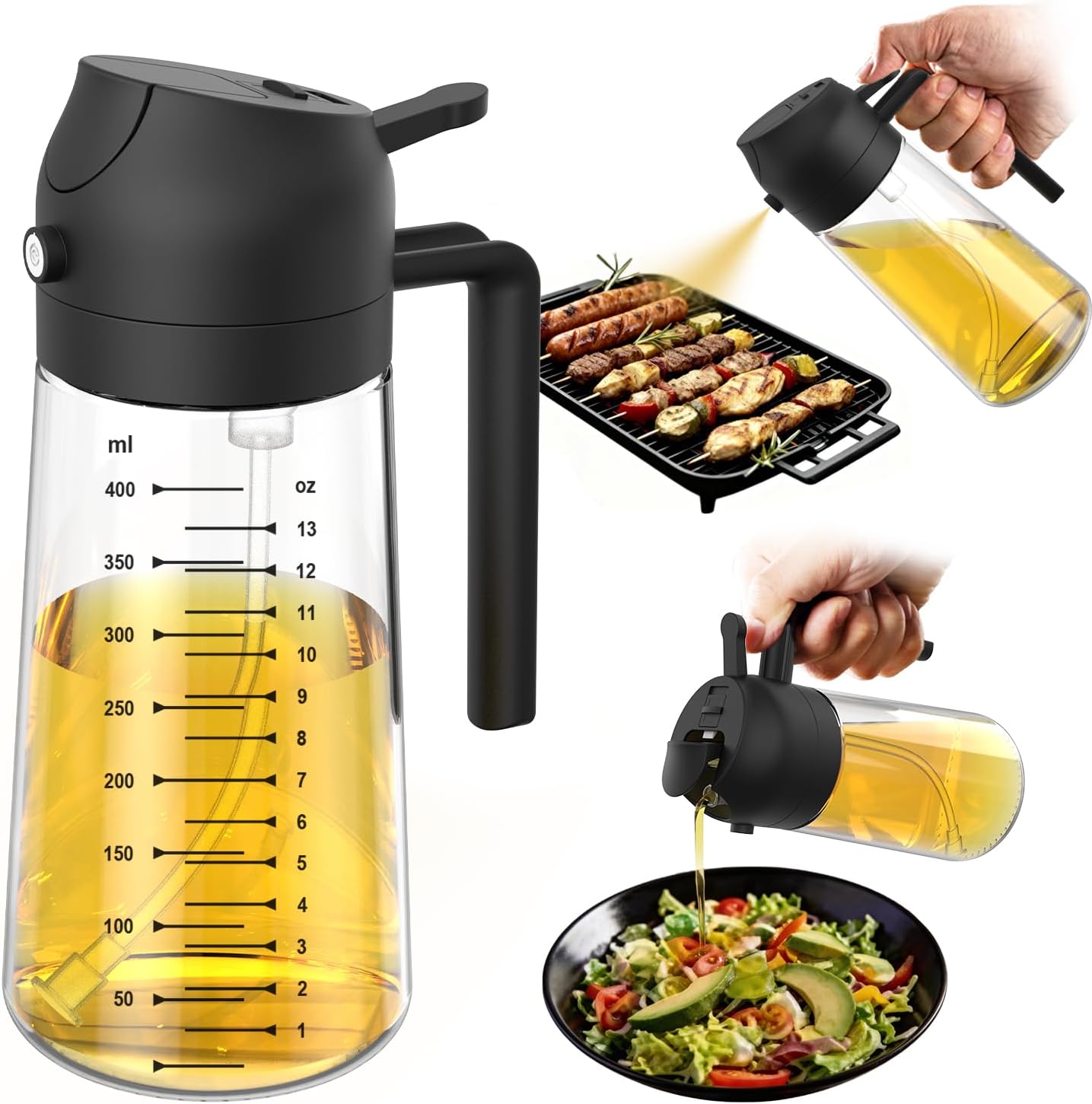 TrendPlain 16oz/470ml Glass Olive Oil Sprayer for Cooking – 2 in 1 Olive Oil Dispenser Bottle for Kitchen Gadgets and Air Fryer Accessories, Salad, BBQ - Black