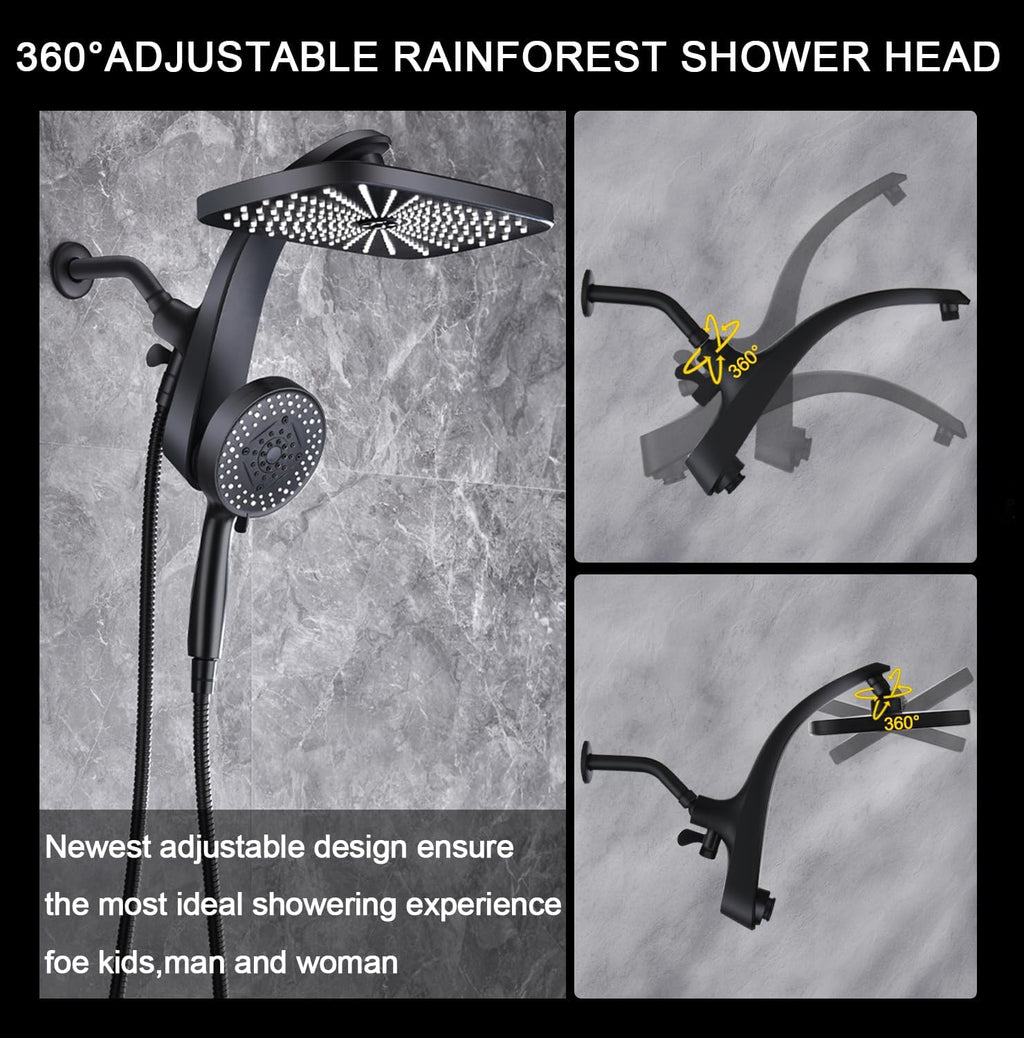 BOZYBO Rain Shower Head with Handheld: High Pressure Shower Heads with Handheld Spray Combo, 12" Rainfall Shower Head and 9 Sprays Hand Showerheads with Magnetic Docking and Power Jets, Black