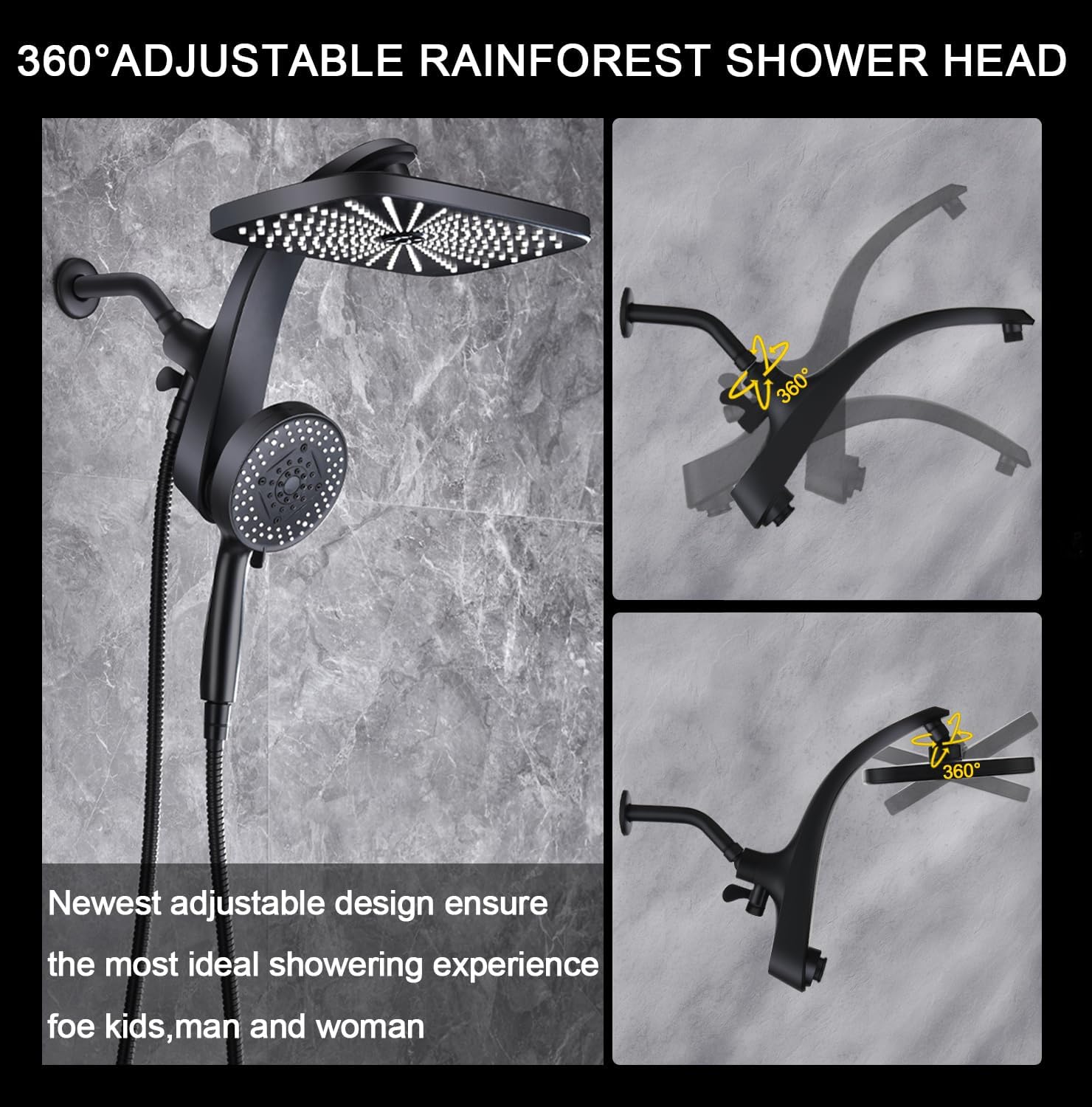 BOZYBO Rain Shower Head with Handheld: High Pressure Shower Heads with Handheld Spray Combo, 12" Rainfall Shower Head and 9 Sprays Hand Showerheads with Magnetic Docking and Power Jets, Black