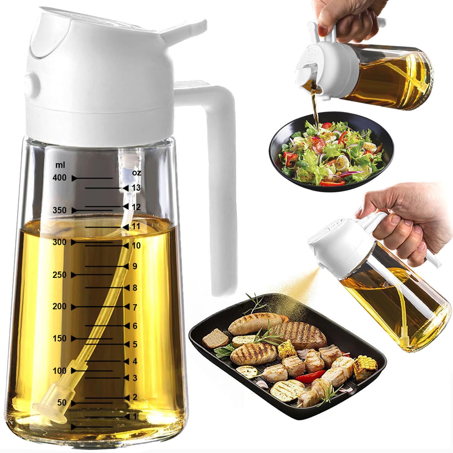 TrendPlain 16oz/470ml Glass Olive Oil Sprayer for Cooking – 2 in 1 Olive Oil Dispenser Bottle for Kitchen Gadgets and Air Fryer Accessories, Salad, BBQ - Black