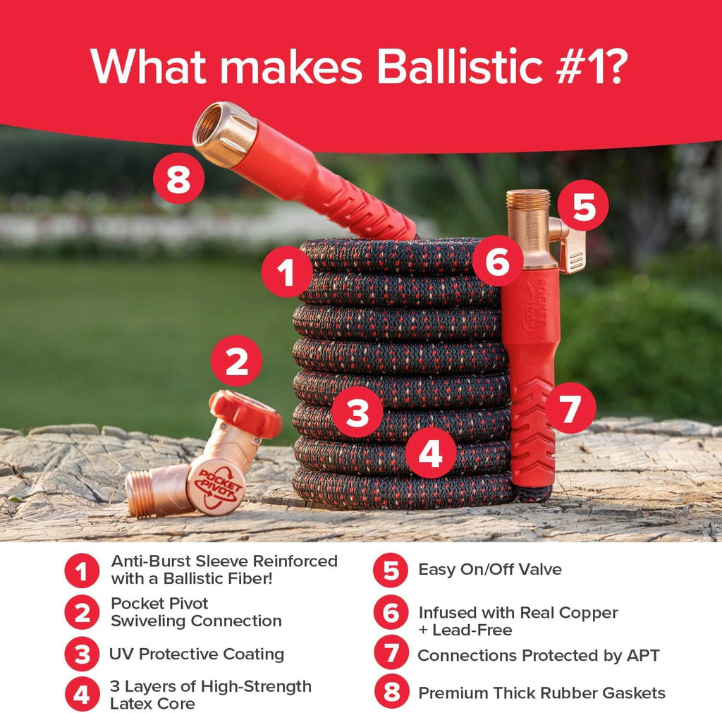 Pocket Hose Ballistic 50 FT Expandable Garden Hose w/Pocket Pivot Swivel Connector, Anti-Burst Sleeve Reinforced with Bulletproof Fiber, Lightweight, No-Kink, Compact, UV-Protected, AS SEEN ON TV