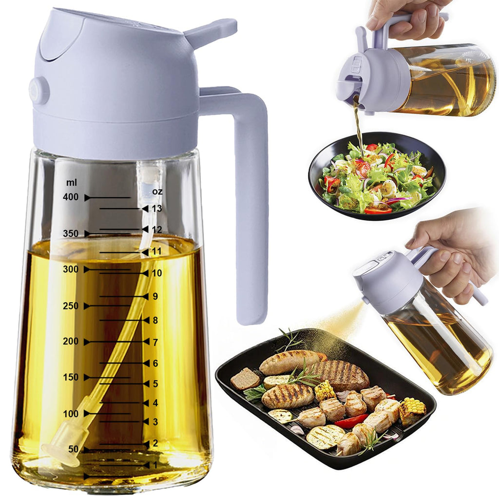 TrendPlain 16oz/470ml Glass Olive Oil Sprayer for Cooking – 2 in 1 Olive Oil Dispenser Bottle for Kitchen Gadgets and Air Fryer Accessories, Salad, BBQ - Black