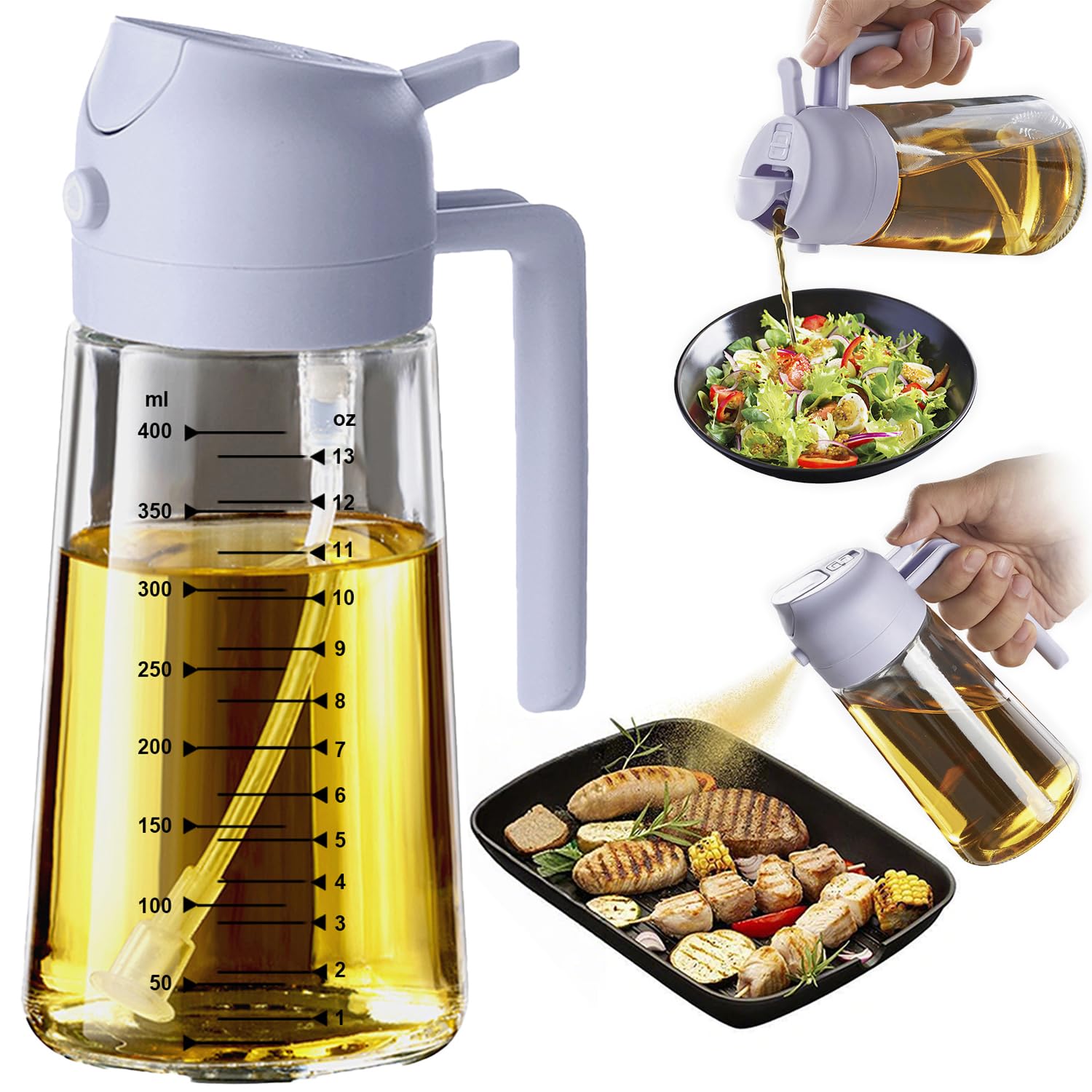 TrendPlain 16oz/470ml Glass Olive Oil Sprayer for Cooking – 2 in 1 Olive Oil Dispenser Bottle for Kitchen Gadgets and Air Fryer Accessories, Salad, BBQ - Black