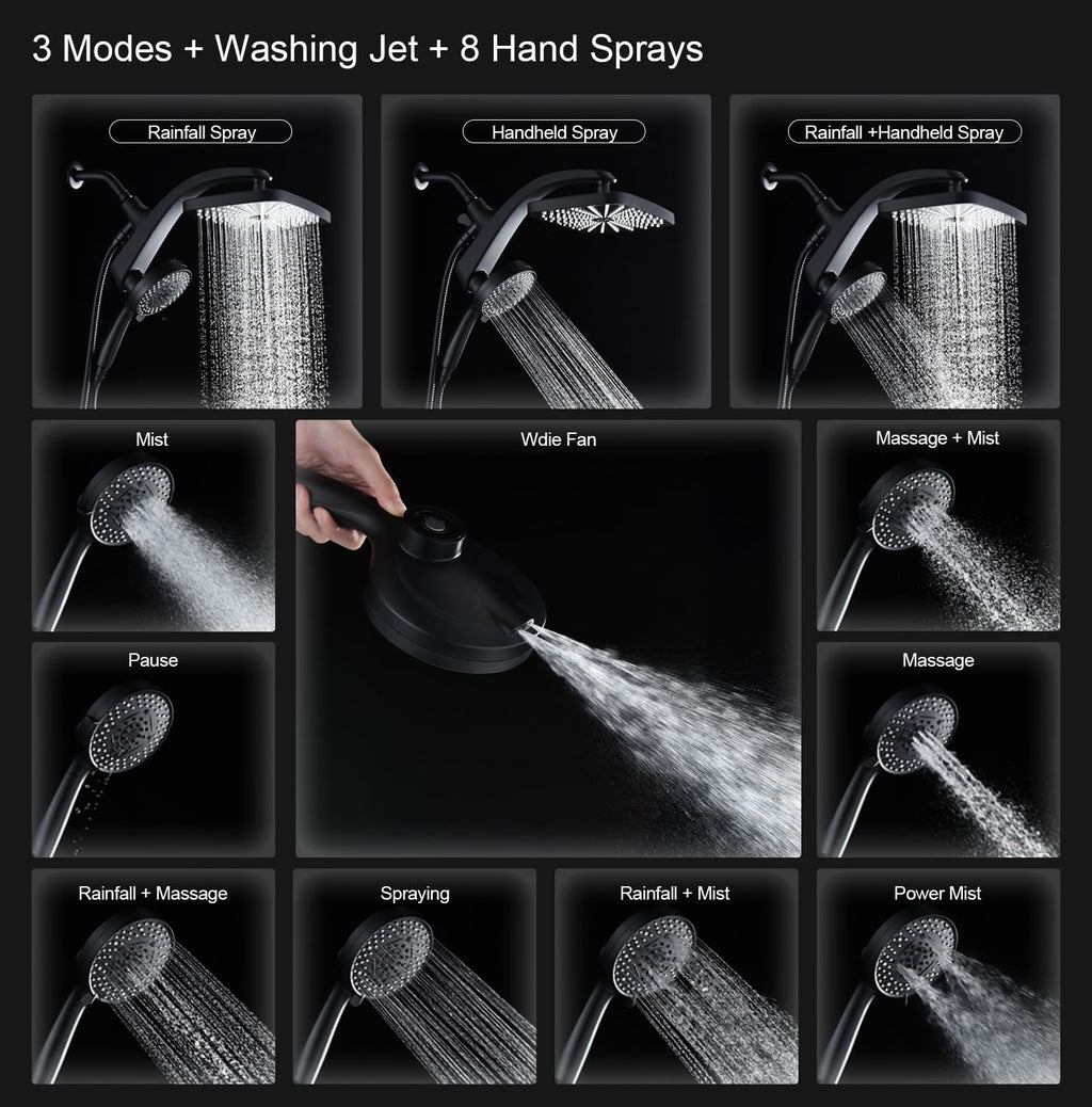 BOZYBO Rain Shower Head with Handheld: High Pressure Shower Heads with Handheld Spray Combo, 12" Rainfall Shower Head and 9 Sprays Hand Showerheads with Magnetic Docking and Power Jets, Black