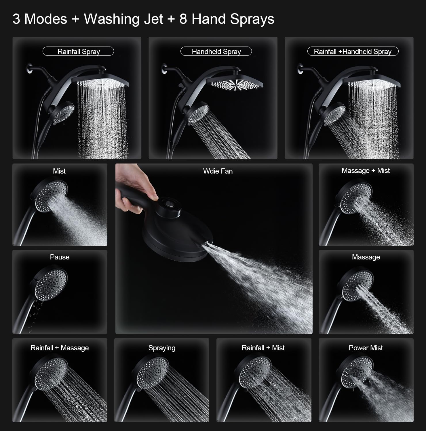 BOZYBO Rain Shower Head with Handheld: High Pressure Shower Heads with Handheld Spray Combo, 12" Rainfall Shower Head and 9 Sprays Hand Showerheads with Magnetic Docking and Power Jets, Black