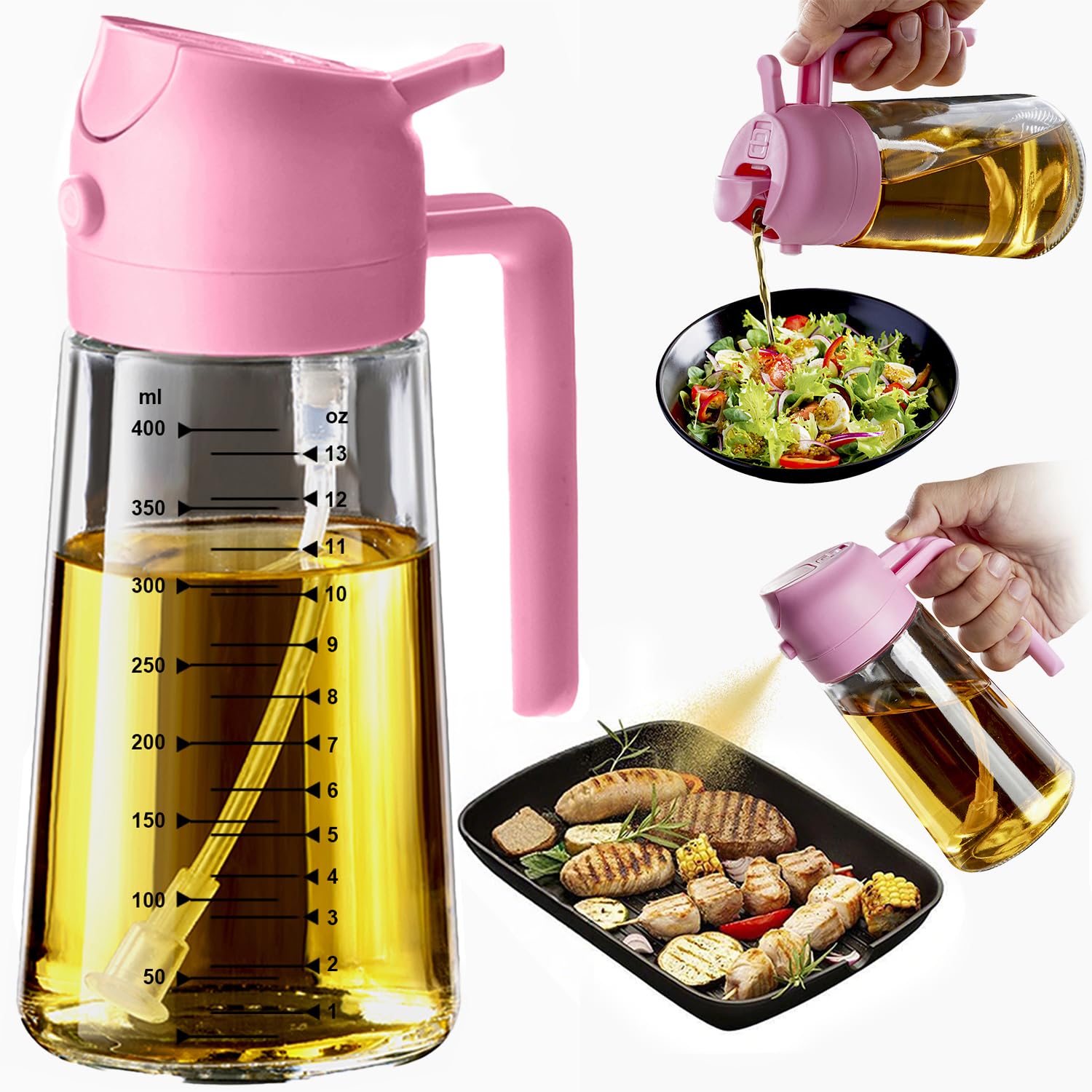TrendPlain 16oz/470ml Glass Olive Oil Sprayer for Cooking – 2 in 1 Olive Oil Dispenser Bottle for Kitchen Gadgets and Air Fryer Accessories, Salad, BBQ - Black