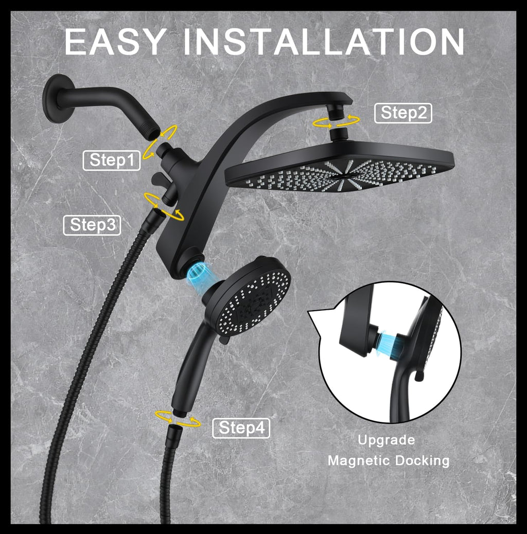 BOZYBO Rain Shower Head with Handheld: High Pressure Shower Heads with Handheld Spray Combo, 12" Rainfall Shower Head and 9 Sprays Hand Showerheads with Magnetic Docking and Power Jets, Black