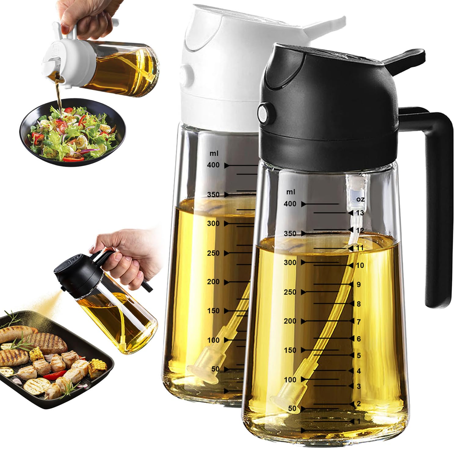 TrendPlain 16oz/470ml Glass Olive Oil Sprayer for Cooking – 2 in 1 Olive Oil Dispenser Bottle for Kitchen Gadgets and Air Fryer Accessories, Salad, BBQ - Black