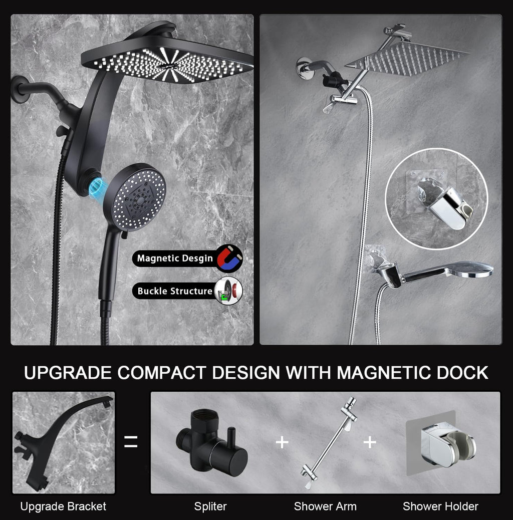 BOZYBO Rain Shower Head with Handheld: High Pressure Shower Heads with Handheld Spray Combo, 12" Rainfall Shower Head and 9 Sprays Hand Showerheads with Magnetic Docking and Power Jets, Black