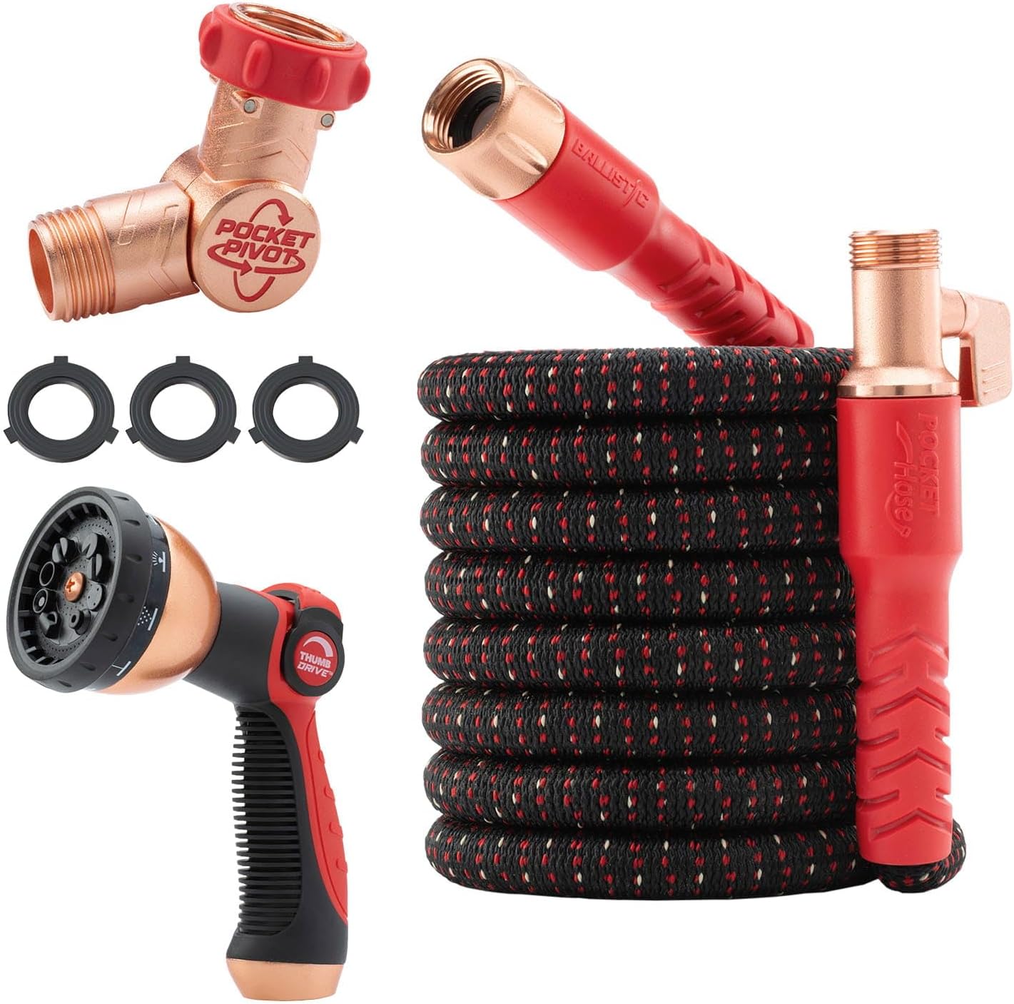 Pocket Hose Ballistic 50 FT Expandable Garden Hose w/Pocket Pivot Swivel Connector, Anti-Burst Sleeve Reinforced with Bulletproof Fiber, Lightweight, No-Kink, Compact, UV-Protected, AS SEEN ON TV