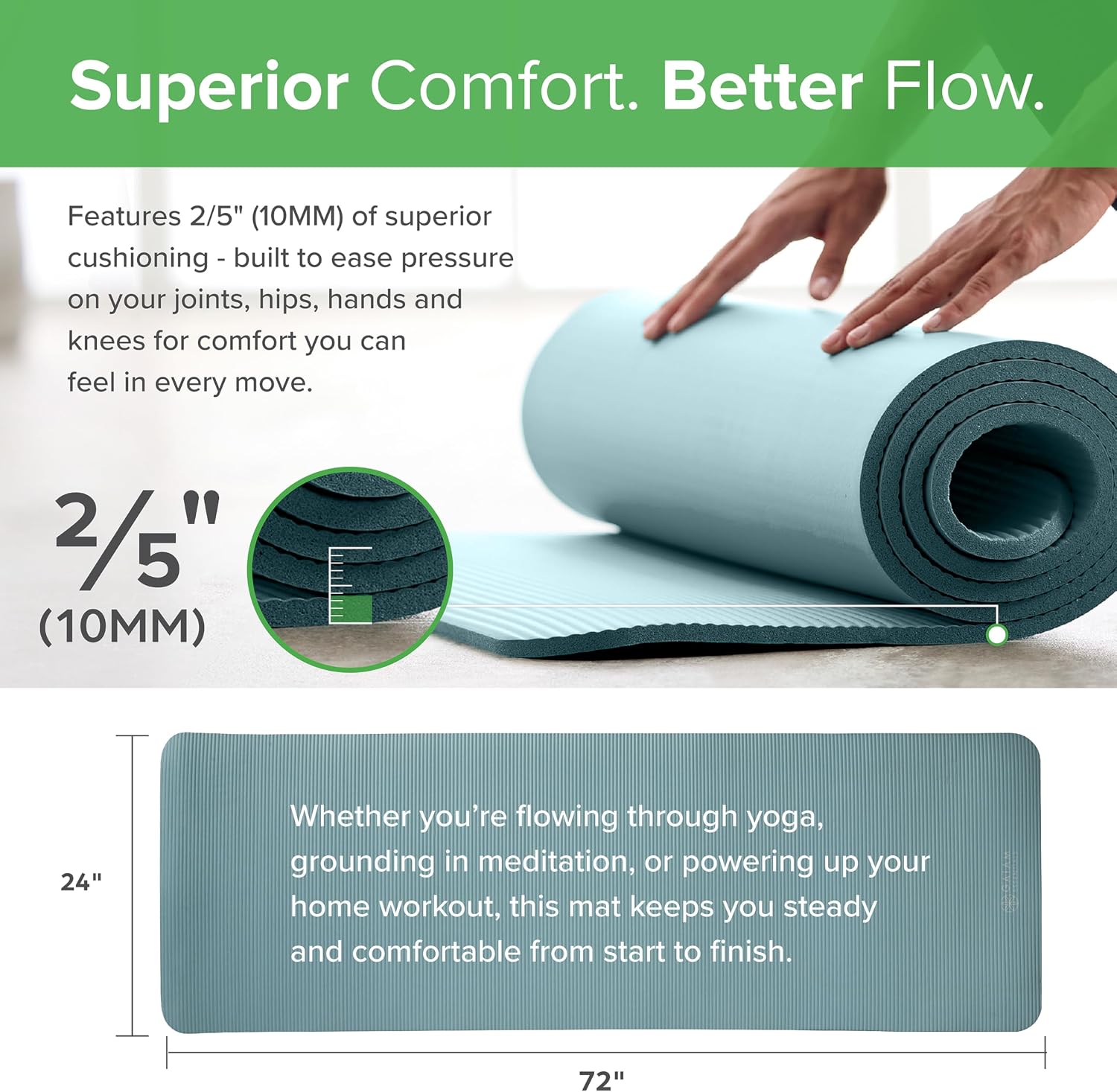 Gaiam Yoga Mat, Pilates & Exercise Mat, Thick Mat 2/5" (10mm) Workout Mat with Easy-Cinch Carrying Strap for Home & Gym Workouts