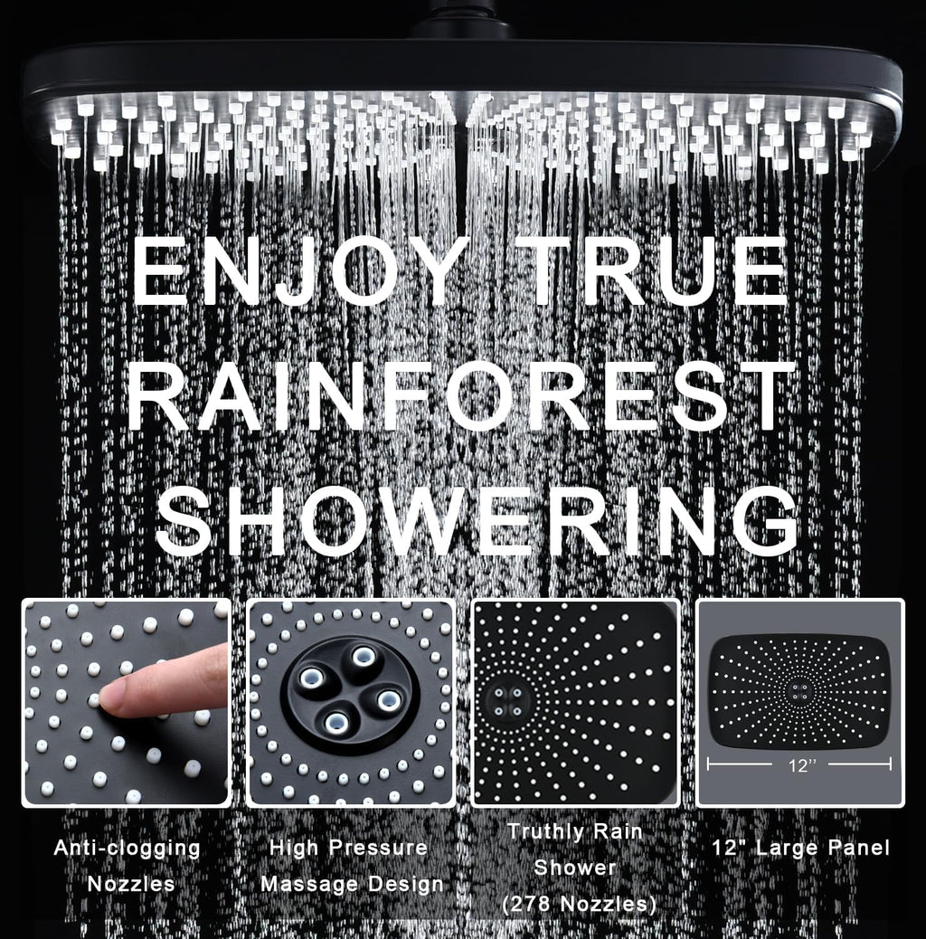 BOZYBO Rain Shower Head with Handheld: High Pressure Shower Heads with Handheld Spray Combo, 12" Rainfall Shower Head and 9 Sprays Hand Showerheads with Magnetic Docking and Power Jets, Black