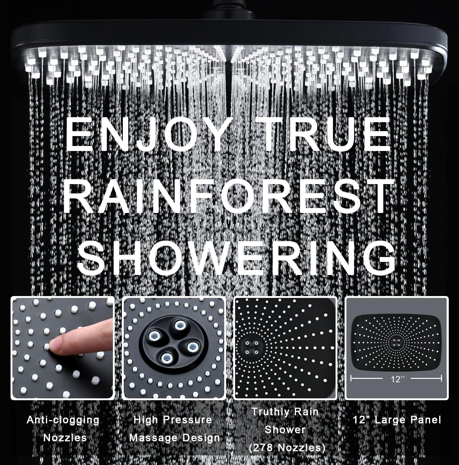 BOZYBO Rain Shower Head with Handheld: High Pressure Shower Heads with Handheld Spray Combo, 12" Rainfall Shower Head and 9 Sprays Hand Showerheads with Magnetic Docking and Power Jets, Black