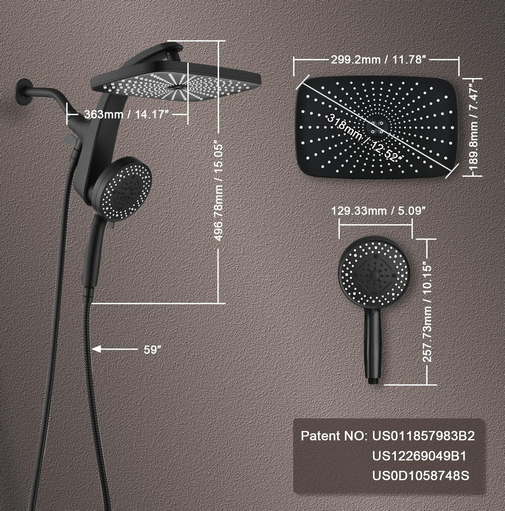 BOZYBO Rain Shower Head with Handheld: High Pressure Shower Heads with Handheld Spray Combo, 12" Rainfall Shower Head and 9 Sprays Hand Showerheads with Magnetic Docking and Power Jets, Black