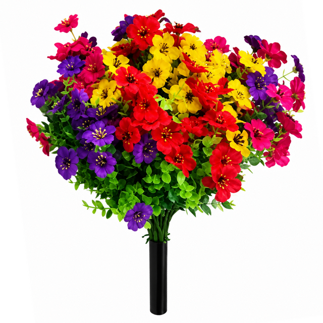 A large artificial flower bouquet with vibrant red, yellow, pink, and purple blossoms and green leaves, held in a black cylindrical vase. Text at the bottom reads 'Large Size ★ 189 flowers head'.
